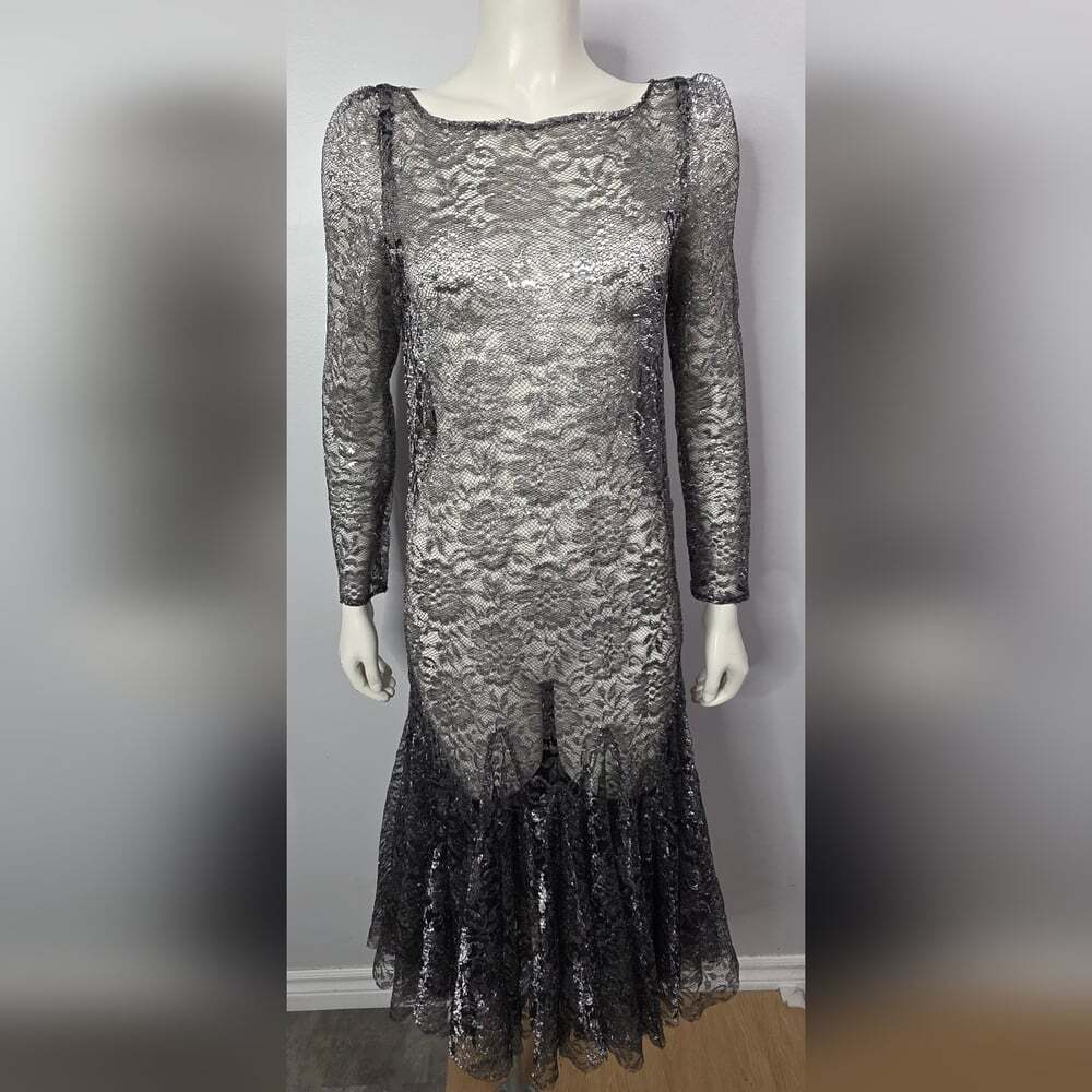 Vintage Black And Silver Sheer Lace Dress